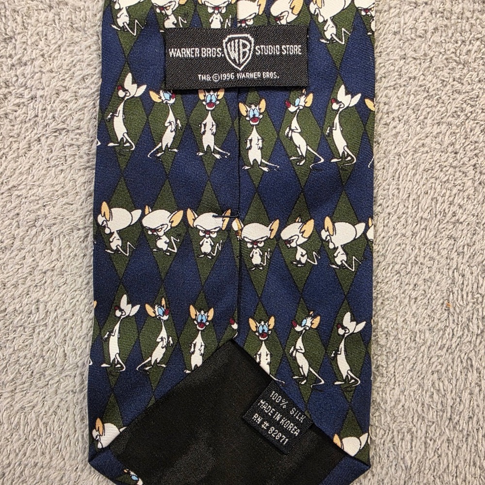 Warner Bros Pinky and the Brain Tie Mens Navy Green Argyle Vintage 90s Silk Tie - Picture 4 of 5